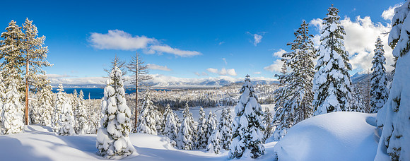 Snowy Panorama with Cascade Lake and Lake Tahoe